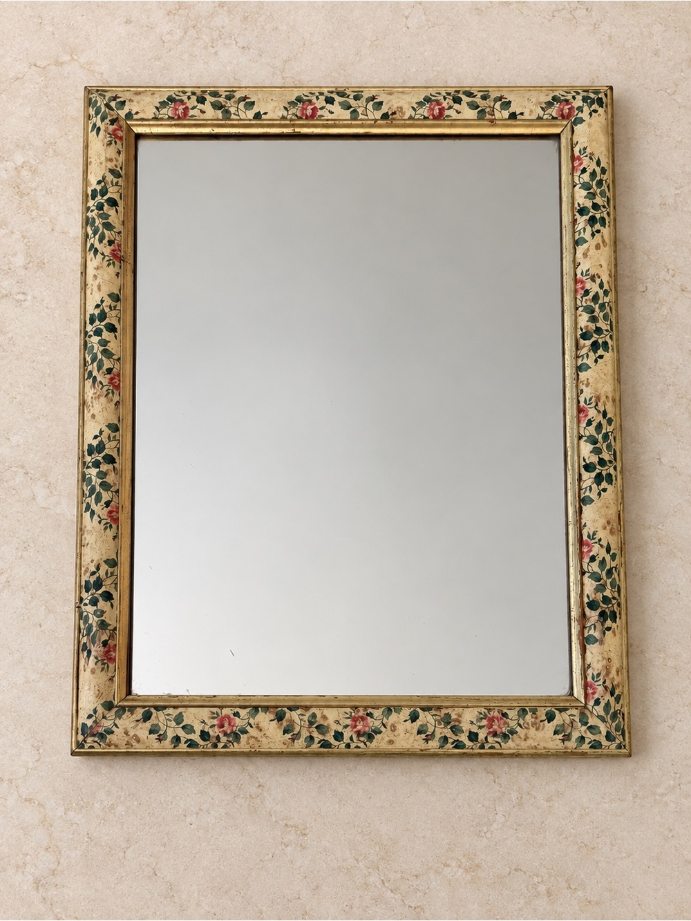 Floral Hand-Painted Gold Wall Mirror - Cream and Green